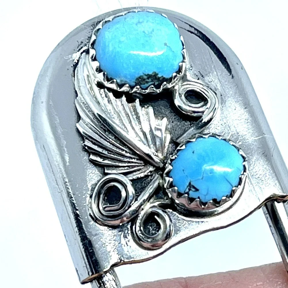 Giant Safety Pin Keyring Turquoise Leaf Key Chain Tag‎ 4in Navajo Mens Gift